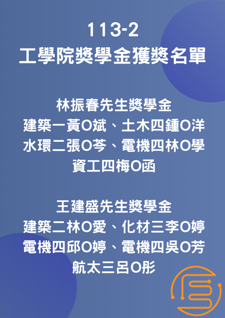 113學年度第2學期工學院獎學金得獎名單
